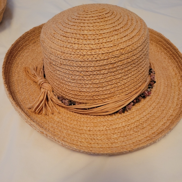 Kathy Jeanny Accessories - Elegant Tan Straw Hat with Beaded Trim